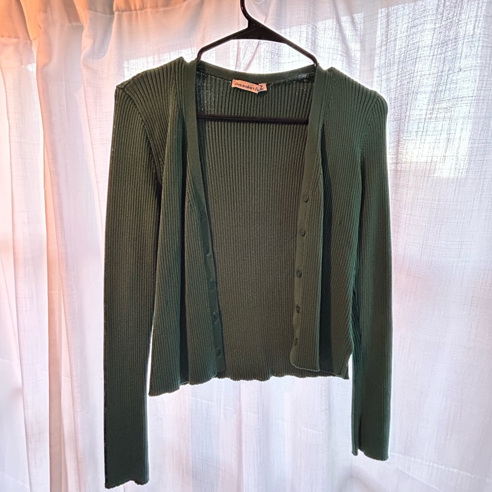 Abercrombie & Fitch Ribbed Button Front V Neck Cardigan Sweater Green - Picture 3 of 5